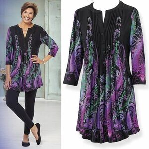 Serengeti Purple Paisley Pintuck Tunic Top Women’s 1X